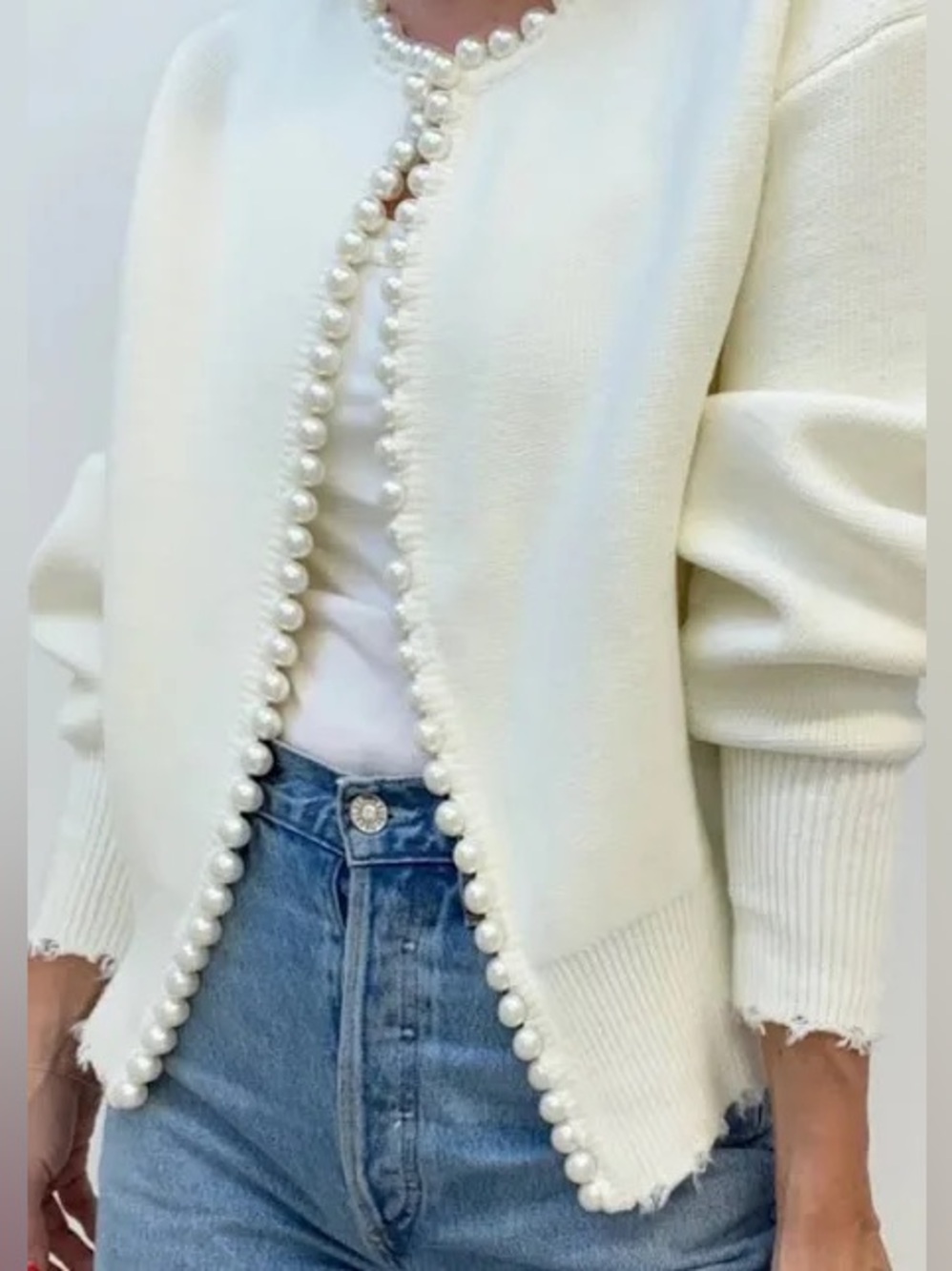 Cream Pearl-Trim Women's Cardigan